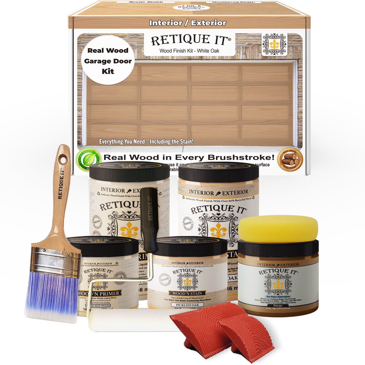 Retique It wood finish kit with paint cans, brush, and cloth on a white background