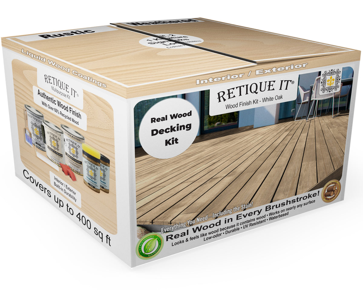 Retique It® White Oak Decking Wood'n Kit stain in a 3D box, showcasing natural wood finish and color options for decking projects.