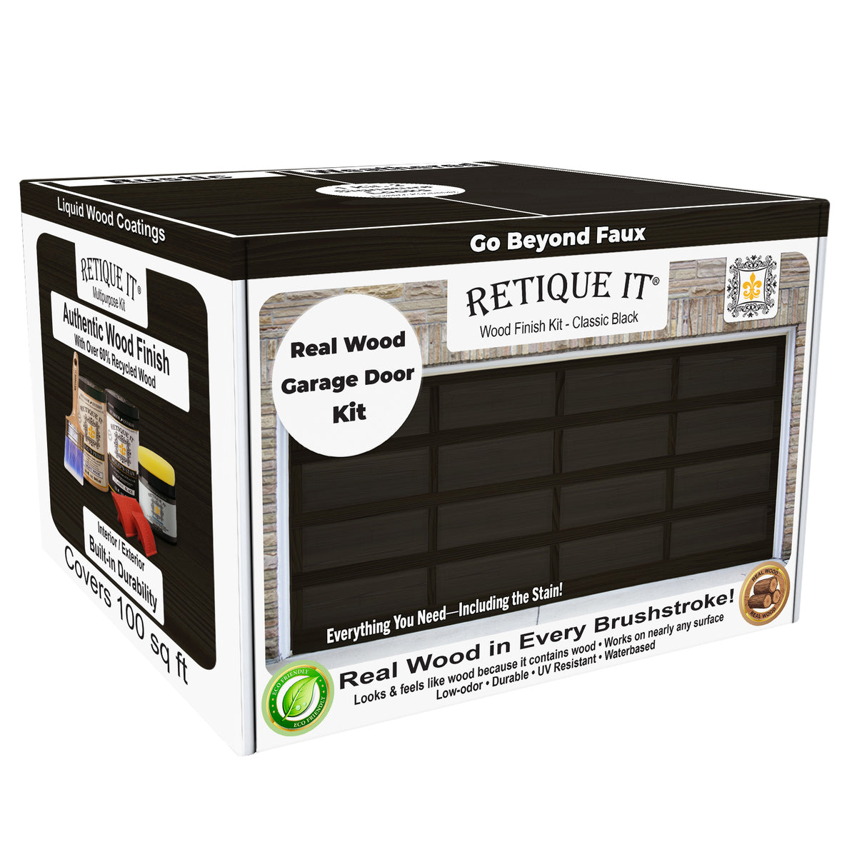 Retique It wood finish kit packaging for garage doors on a white background