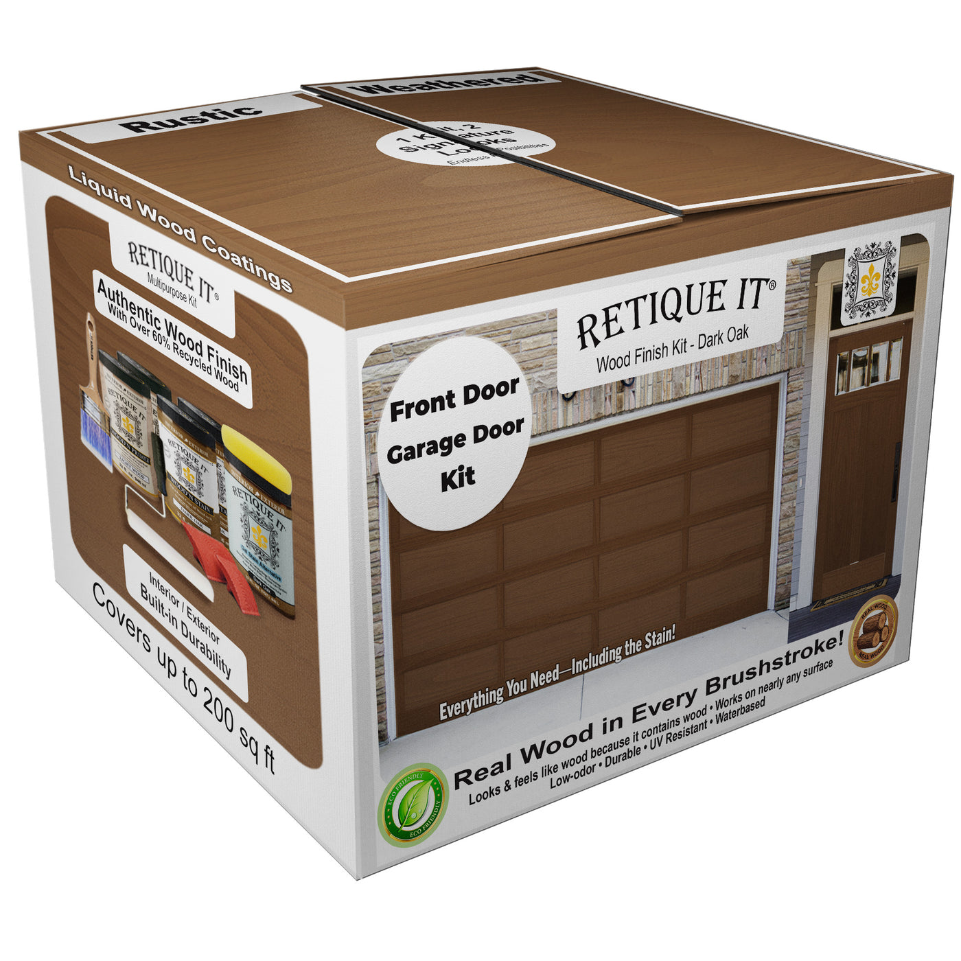 Retique It® Wood'n Door Kit in Dark Oak stain for front and garage doors, featuring natural wood grain and durable finish.