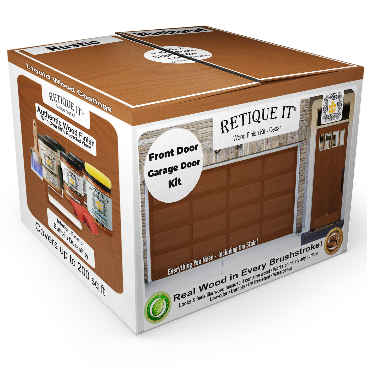 Retique It® Wood'n Door Kit cedar stain for front and garage doors, featuring a 3D box design with stained wood texture.