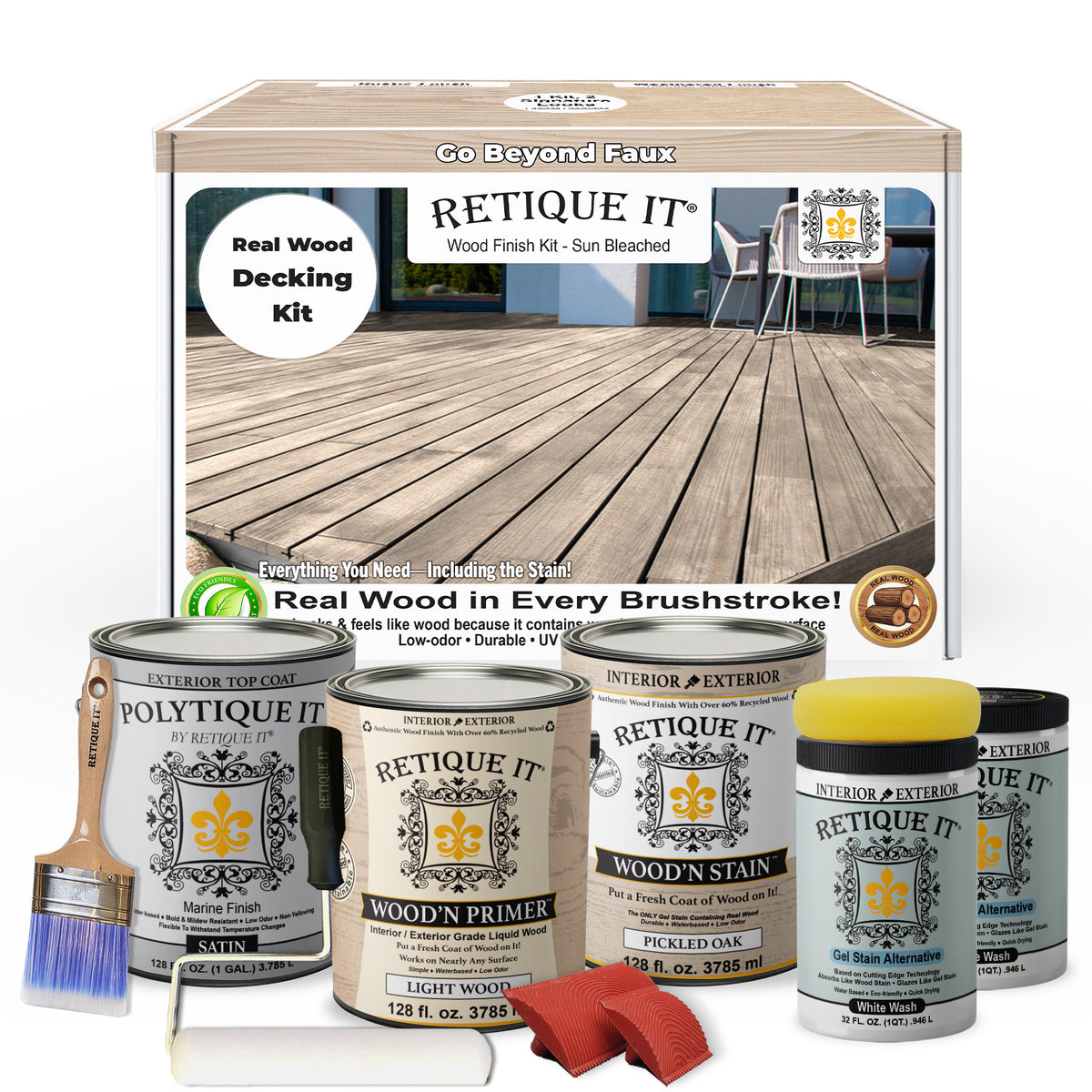 Retique It® Wood'n Finish Kit in Sun Bleached for decking; includes wood finish products with sun-bleached wood appearance.