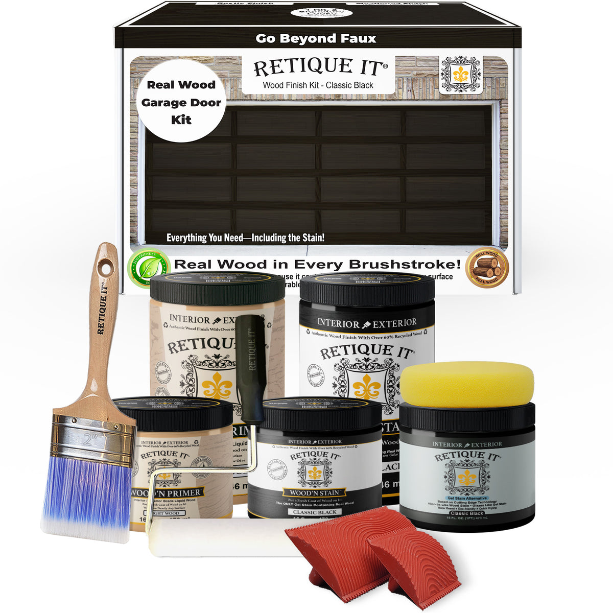 Retique It wood finish kit with paint cans, brush, and cloth in front of packaging