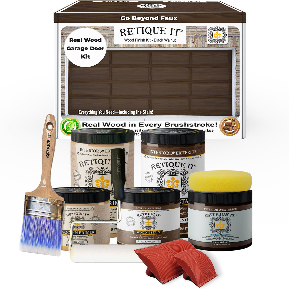 Retique It wood finish kit with paint cans, brush, and cloth on a white background