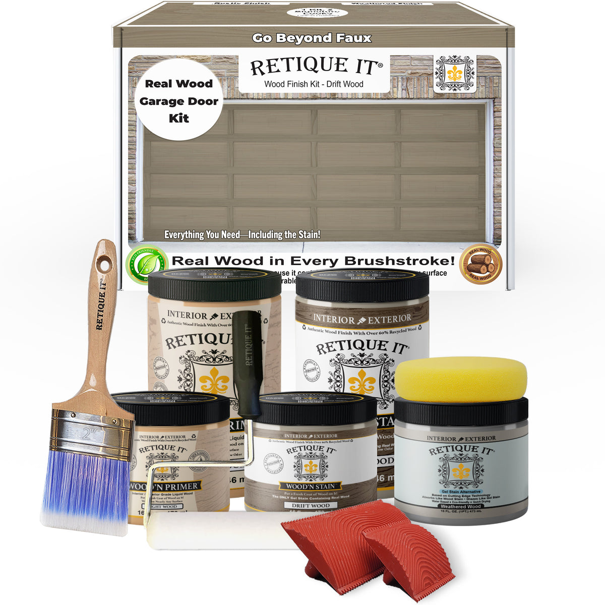 Retique It wood finish kit with paint cans, brush, and cloth on a white background