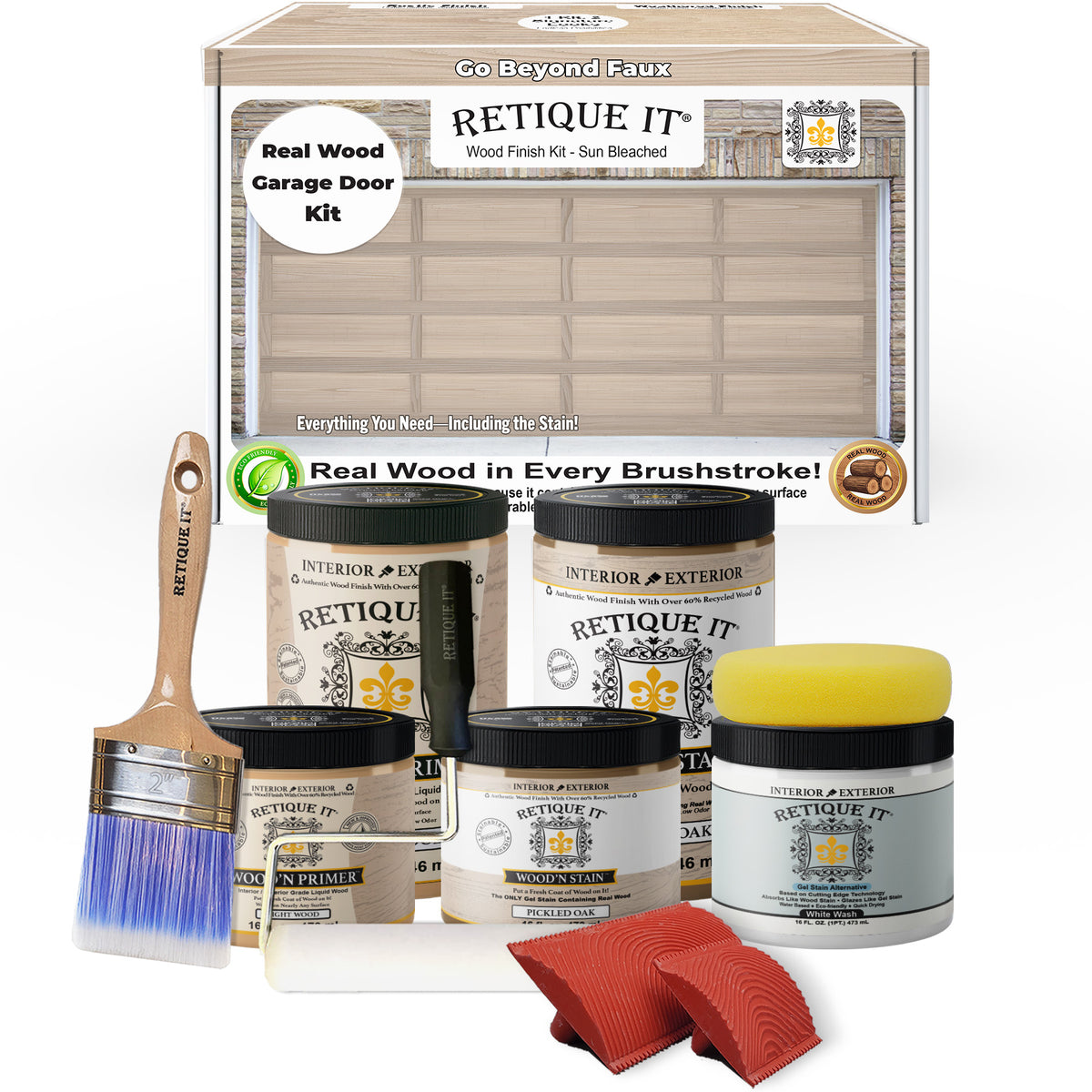 Retique It wood finish kit for garage doors with paint cans, brush, and cloth on a white background