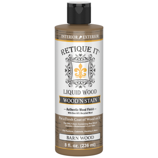 Retique It Liquid Wood Wood'n Stain in 8 oz Barn Wood color, showcasing the stain's rich, natural wood finish.