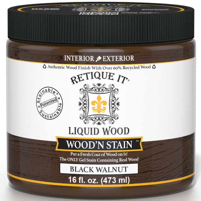Retique It Liquid Wood Wood'n Stain in Black Walnut, 16 oz bottle, showcasing the dark wood stain for furniture and crafts.