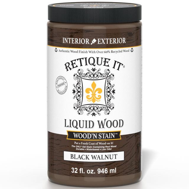 Liquid Wood Wood'n Stain by Retique It in Black Walnut, 32 oz, showcasing the dark wood stain with a smooth, even application.
