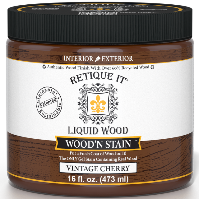 Retique It Liquid Wood Wood'n Stain in Vintage Cherry, 16 oz, showcasing the rich cherry-colored stain for wood surfaces.