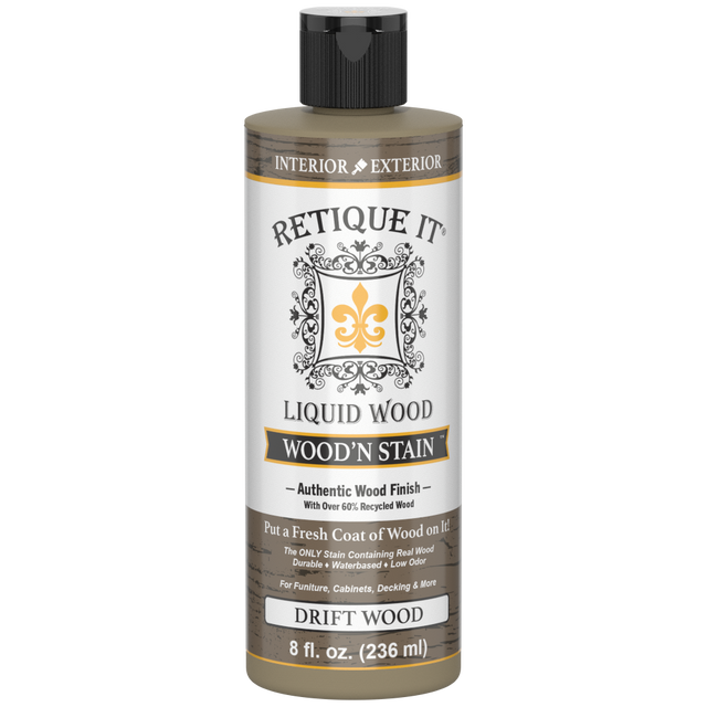 Retique It Liquid Wood Wood'n Stain in Drift Wood color, 8 oz bottle, showcasing the stain's natural wood finish and application.