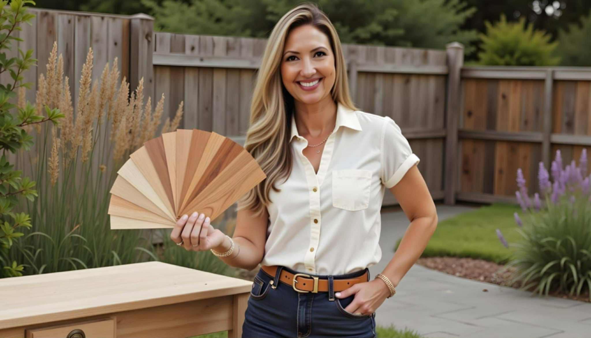 Retique It founder Michele holding an example of our new Liquid Wood fan deck to make finding the right shade and style for your next DIY project easy