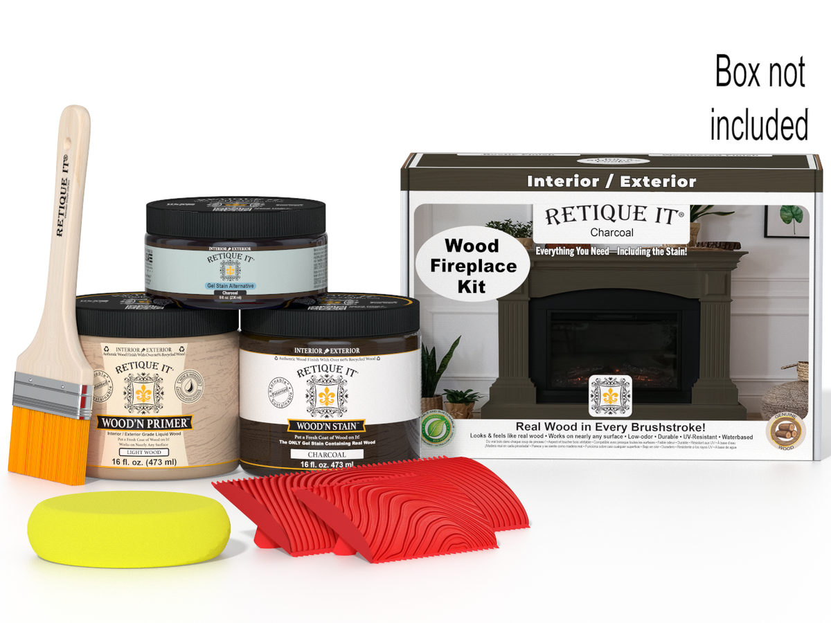 Retique It wood fireplace kit with paint cans, brush, and packaging on a white background