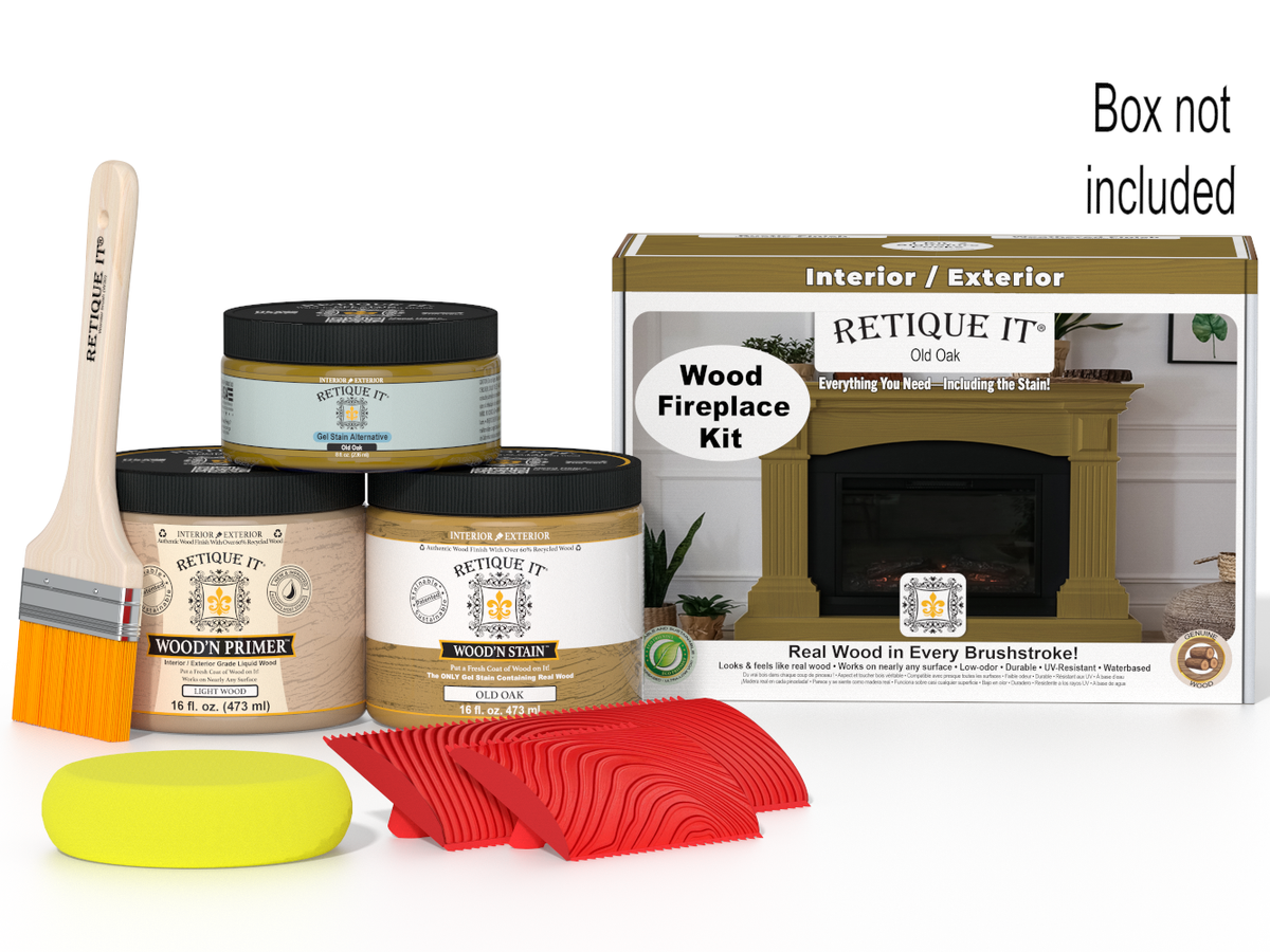 Retique It wood fireplace kit with paint cans, brush, and packaging on a white background