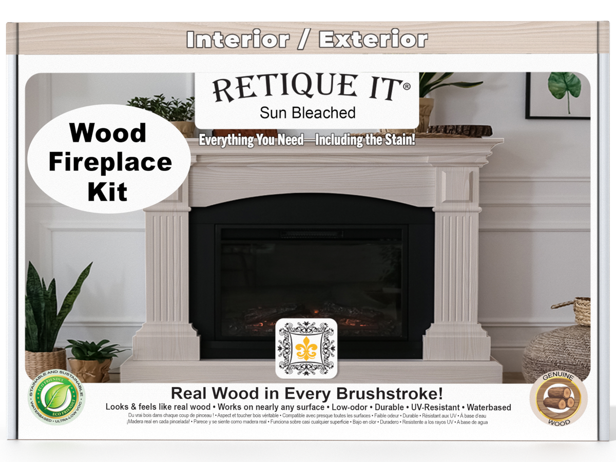 Retique It wood fireplace kit packaging with a fireplace image on a white background