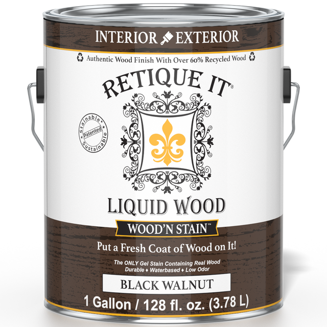 Retique It Liquid Wood Wood'n Stain in Black Walnut, 128 oz, showcasing the dark stain color and product container.