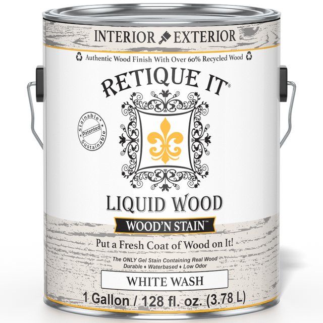 Retique It Liquid Wood Wood'n Stain in White Wash, 128 oz, front view showing smooth stain application for wood furniture.