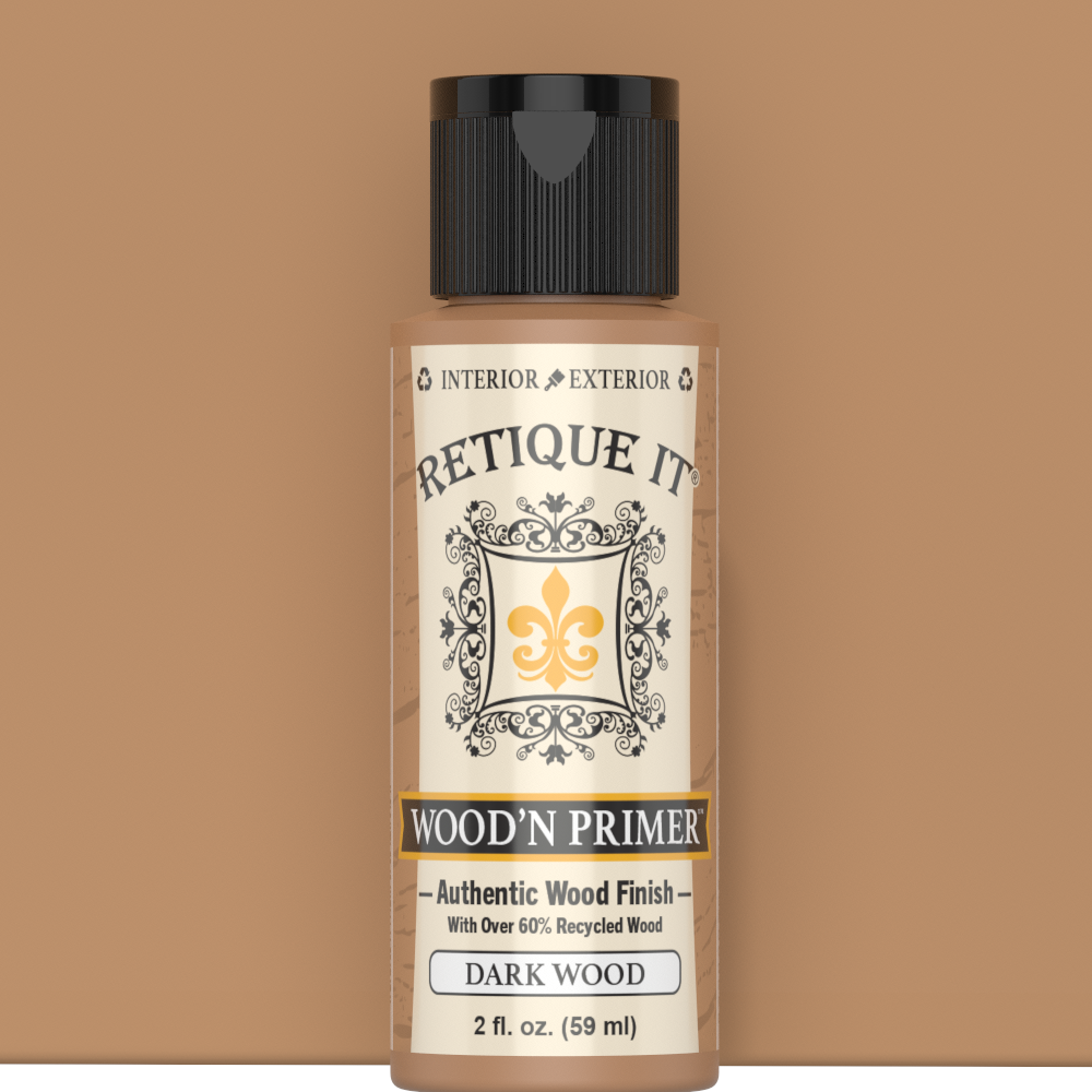 Retique It Liquid Wood Wood'n Primer in dark wood finish, 2 oz sample bottle shown in front of a wood sample swatch.