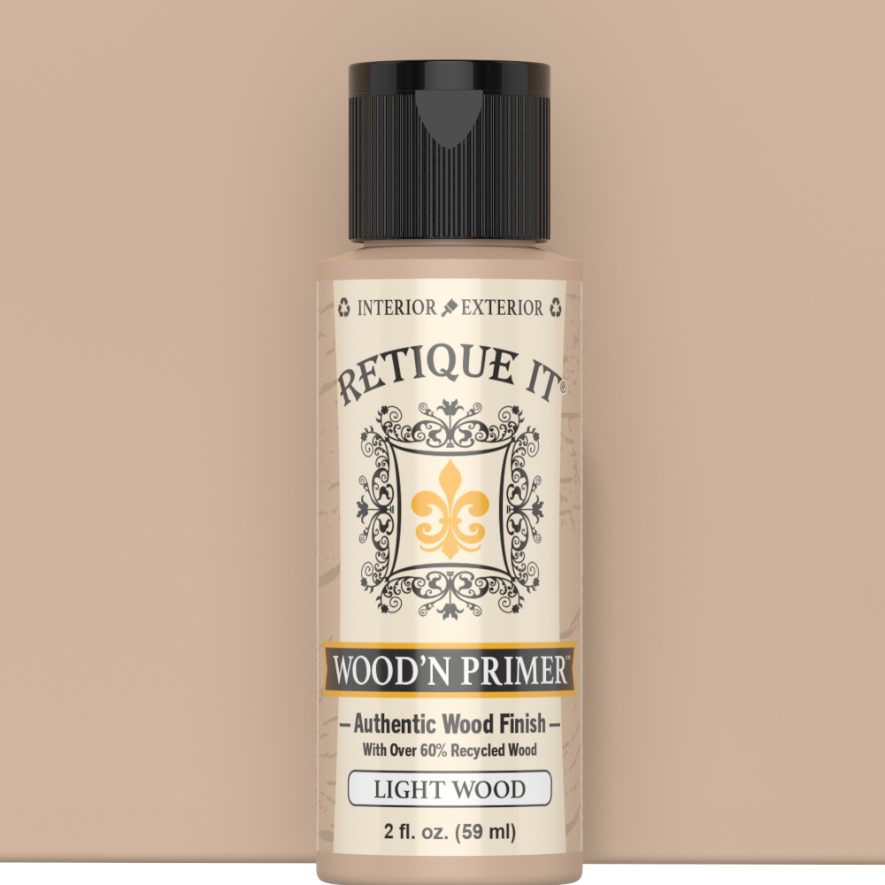 Retique It Liquid Wood Wood'n Primer in Light Wood, 2 oz sample, showing the primer applied to a wood surface.
