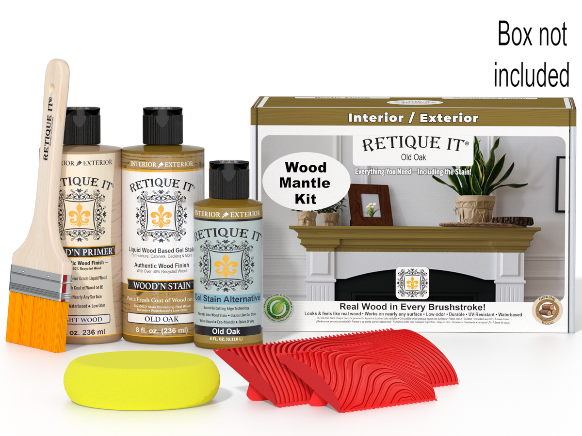 Wood stain kit with bottles, a brush, and a box labeled 'Retique It' on a white background.