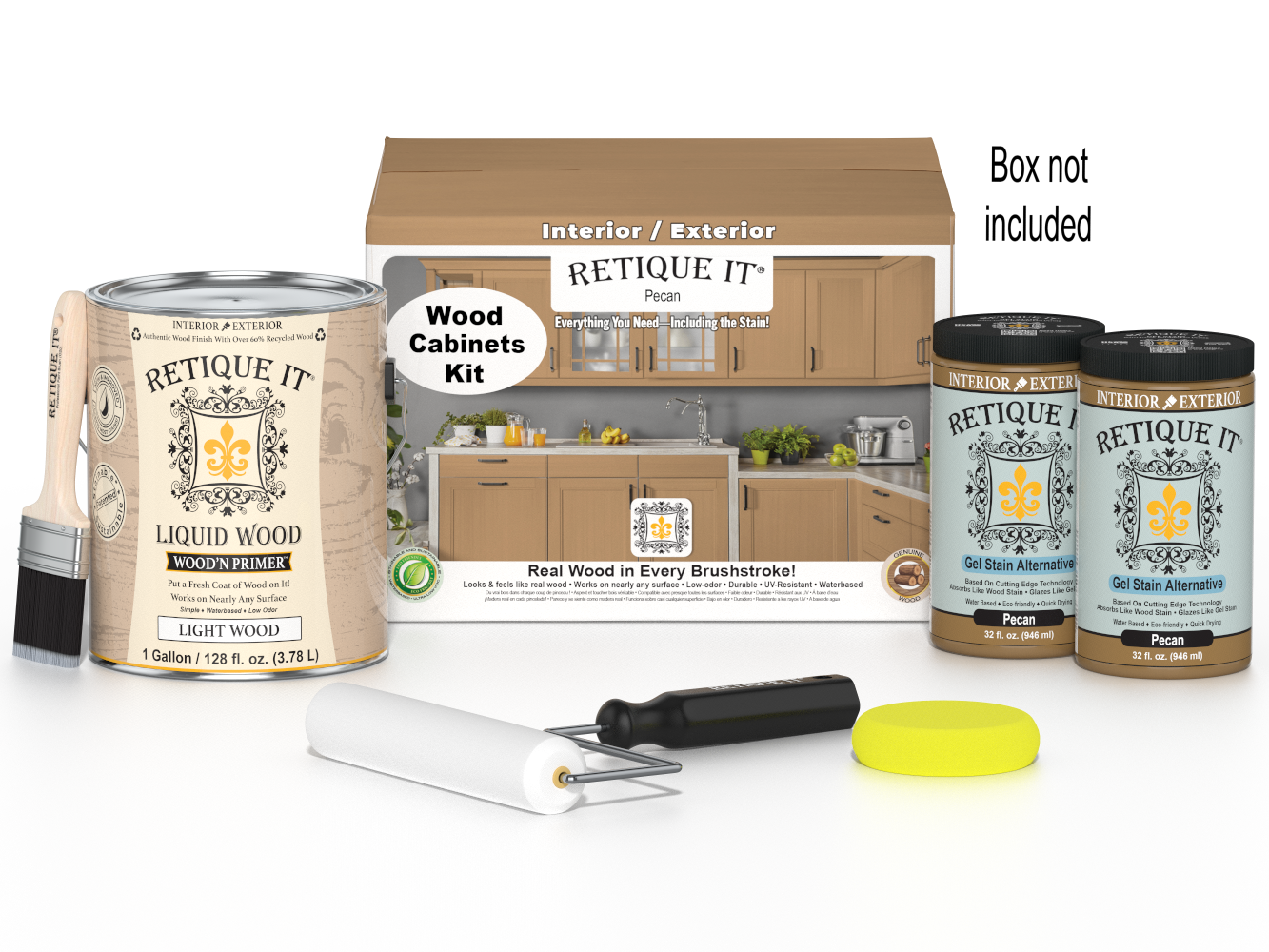 Retique It® Wood'n Cabinet Kit with 48 smooth pecan stain doors, ideal for kitchen or bathroom cabinet renovation.