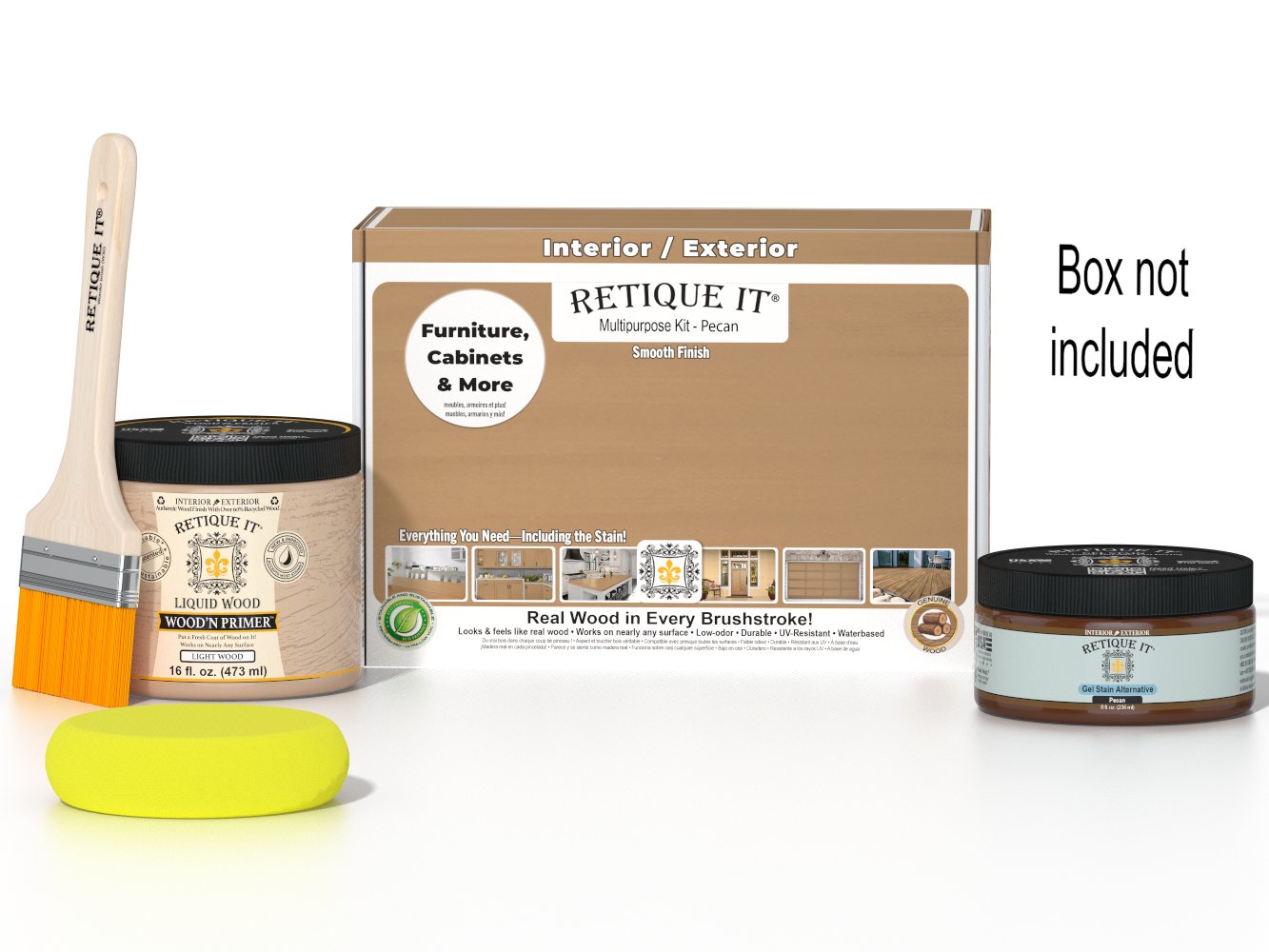 Retique It® Multi-purpose Smooth Finish Kit in Pecan for wood furniture and crafts, includes finish bottles and application tools.