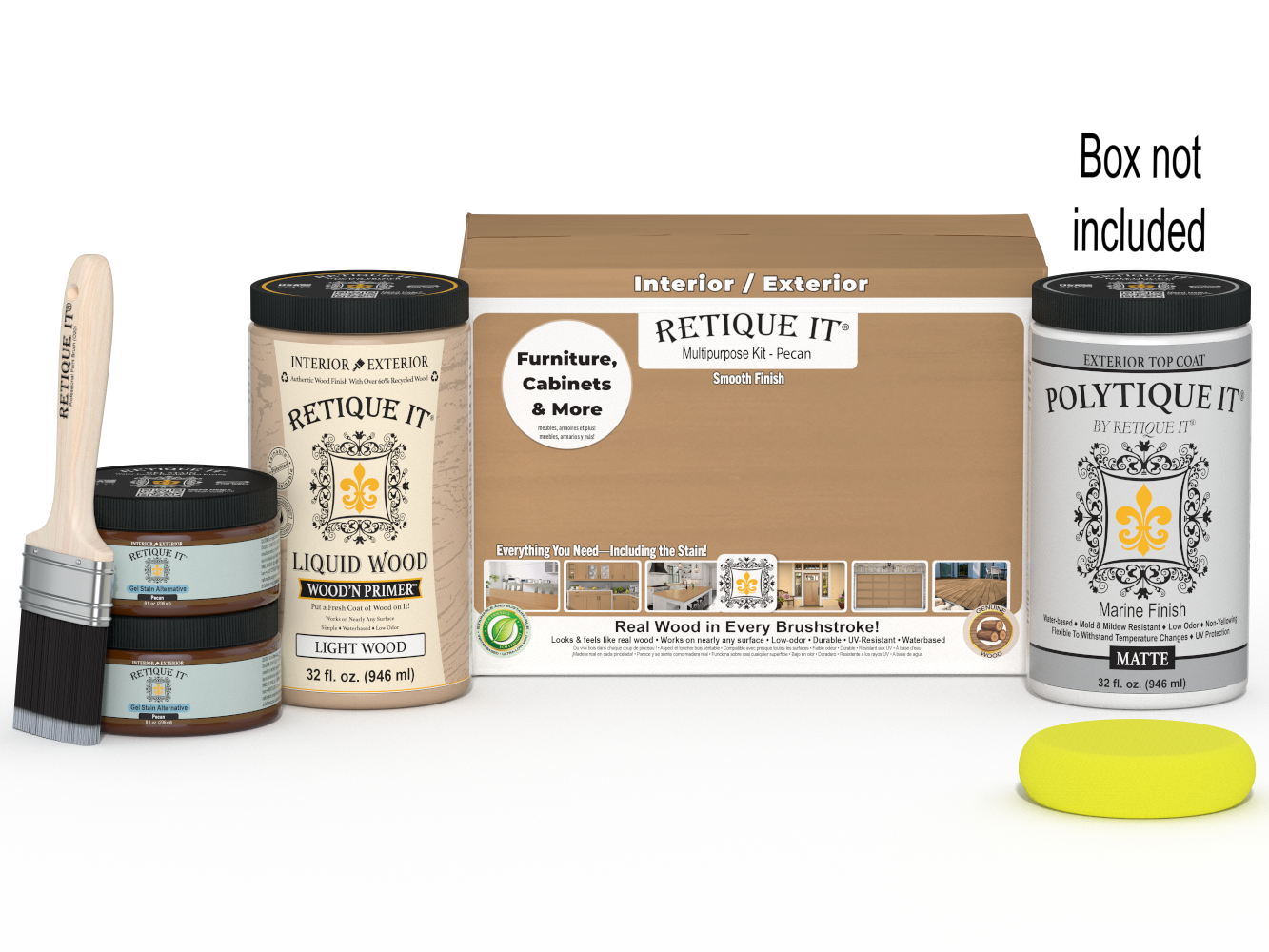 Large Pecan wood finish kit by Retique It® featuring exterior top coat and smooth finish components in a box.