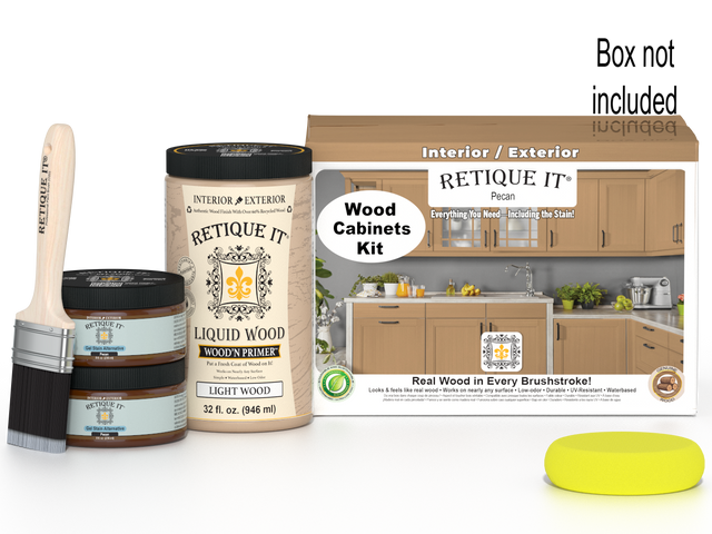Retique It Wood'n Cabinet Kit in Pecan stain with 12 smooth doors, ideal for updating kitchen or bathroom cabinets.