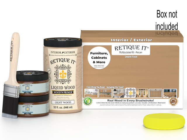 Large Pecan wood finish kit from Retique It’s a multi-purpose smooth finish kit with a wooden box, ideal for wood refinishing projects.