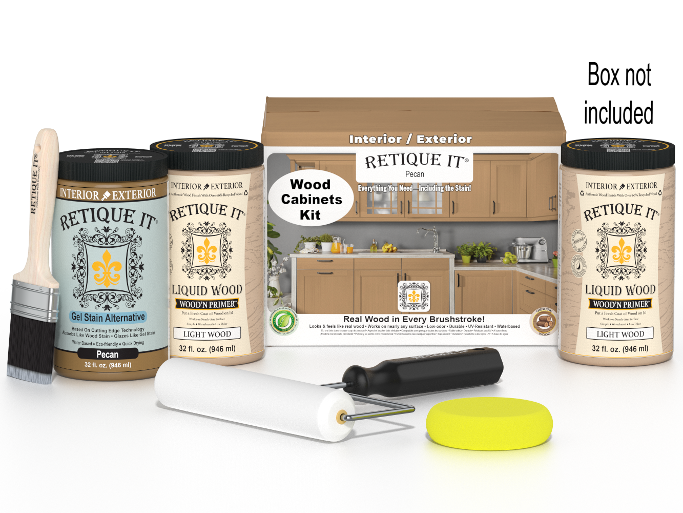 Retique It® Wood'n Cabinet Kit with 24 smooth pecan stained cabinet doors in a box, showcasing unfinished wood and stain details.