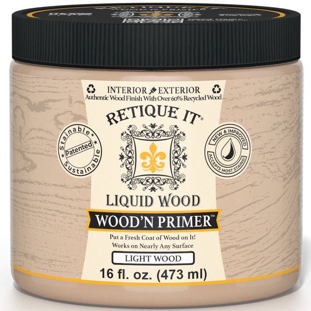 Retique It Liquid Wood Wood'n Primer in Light Wood finish, 16 fl oz, showing the primer applied to a wooden surface.