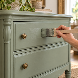 Hand brushing sage green paint onto a dresser drawer