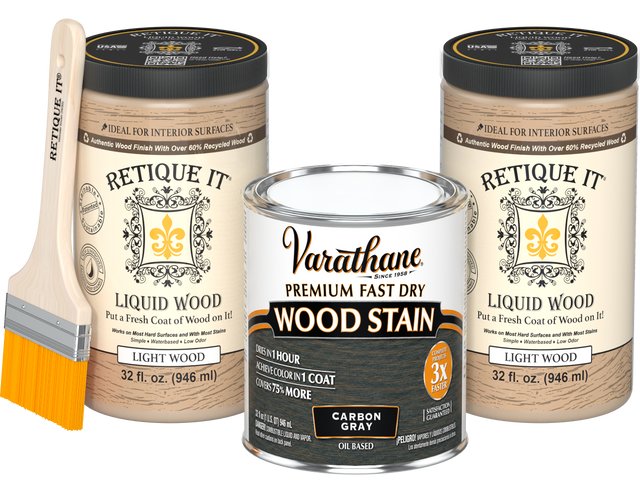 Retique It multi-purpose stain kit with two large bottles of oil-based fast-drying carbon gray stain.