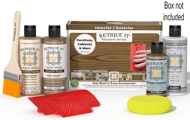 Retique It Wood'n Finish Kit in barn wood for exterior topcoat, includes application tools and wood stain in a compact kit.