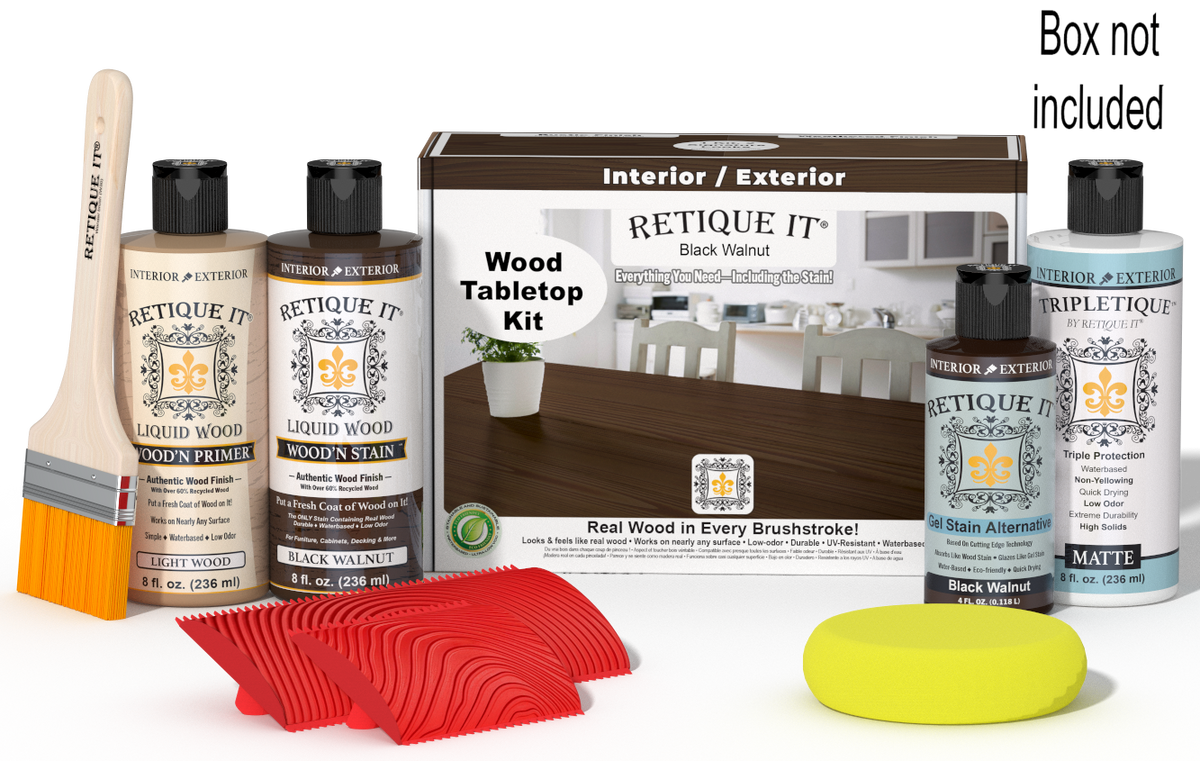 Retique It® Wood'n Finish Kit in Black Walnut stain, featuring the stains and tools for tabletop wood finishing.