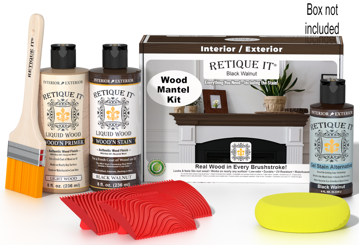 Retique It® Black Walnut wood stain kit for fireplace mantels, featuring a wooden box and stain samples.