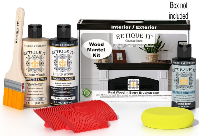 Retique It Fireplace Mantel Wood'n Finish Kit in Classic Black stain, shown with application box and wood mantel.