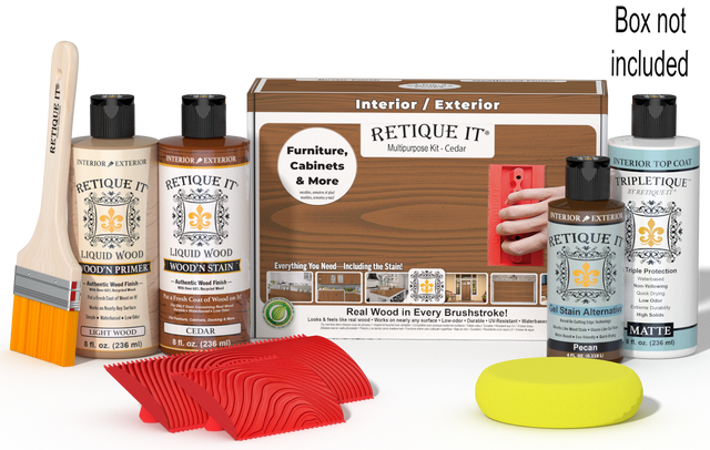Retique It Wood'n Kit cedar interior top coat bottle and application tools for multi-purpose wood finishing.