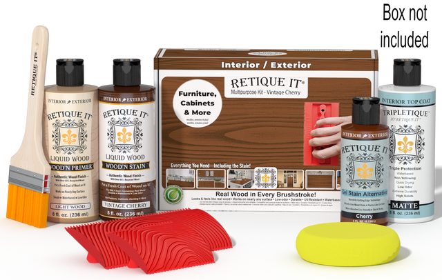 Retique It Wood'n Finish Kit in Vintage Cherry, interior top coat set with wood stain and finishing supplies.