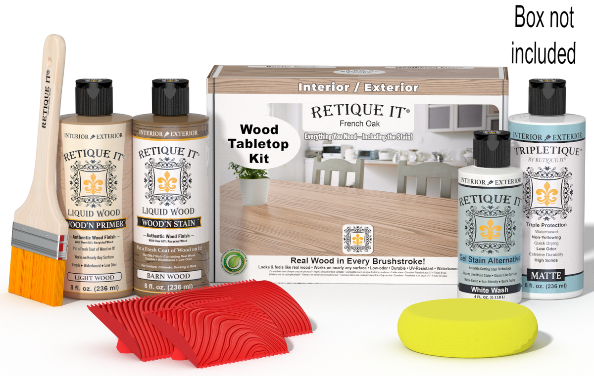 Retique It® Wood'n Finish Kit French Oak stain for tabletops, includes stain and finishing supplies in a compact box.