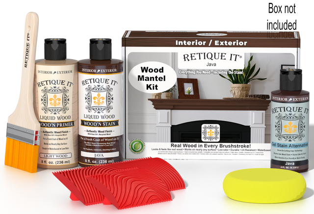 Retique It Wood'n Finish Kit Java stain for fireplace mantels, featuring a wood finish and stain product for wood surfaces.