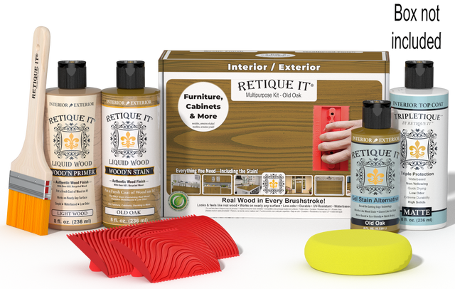 Retique It Wood'n Kit in Old Oak with interior top coat, featuring wood finish tools and materials in the box.