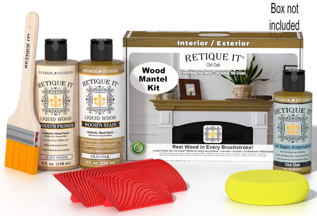 Retique It Old Oak Wood'n Finish Kit for fireplace mantels, stain set with wood finish for enhancing wood surfaces.