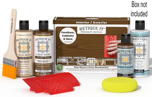 Retique It Wood'n Finish Kit in Dark Pecan for interior top coat, featuring wood finish products and application tools.