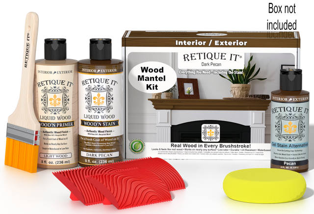 Retique It Wood'n Finish Kit in Dark Pecan stain for fireplace mantels, includes stain bottles and application tools.