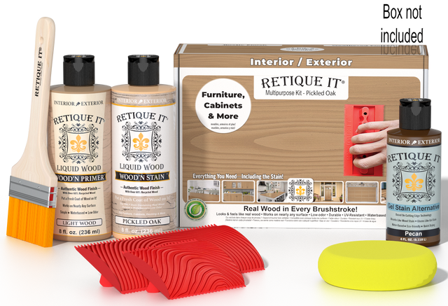 Retique It Wood'n Finish Kit in Pickled Oak, a multi-purpose wood finish set with bottles and tools for wood project staining.