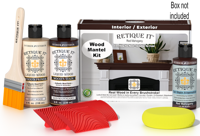 Retique It Wood'n Finish Kit in Red Mahogany stain showing a wood fireplace mantel with rich mahogany color and smooth finish.