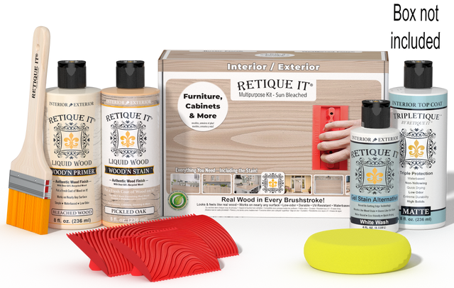 Retique It Wood'n Finish Kit in Sun Bleached for interior top coat, featuring wood finish products and tools in the kit.