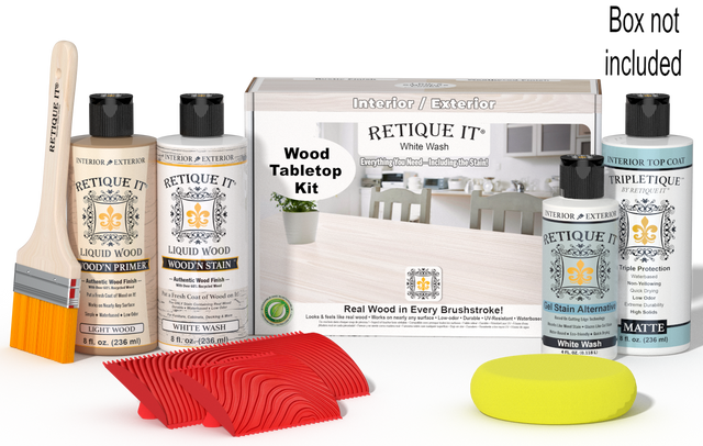 Retique It Wood'n Finish Kit in White Wash stain, showcasing the stain application on a wood tabletop with brush and finish details.
