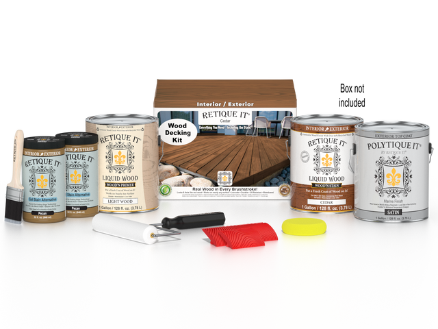 Retique It Cedar Decking Wood'n Kit with stain, including brushes and accessories, for durable outdoor wood finishing.
